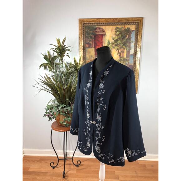 Maxie Klein Collections Women' Plus 20W Navy Blue Embroidered Long-Sleeve Blazer - Picture 4 of 9